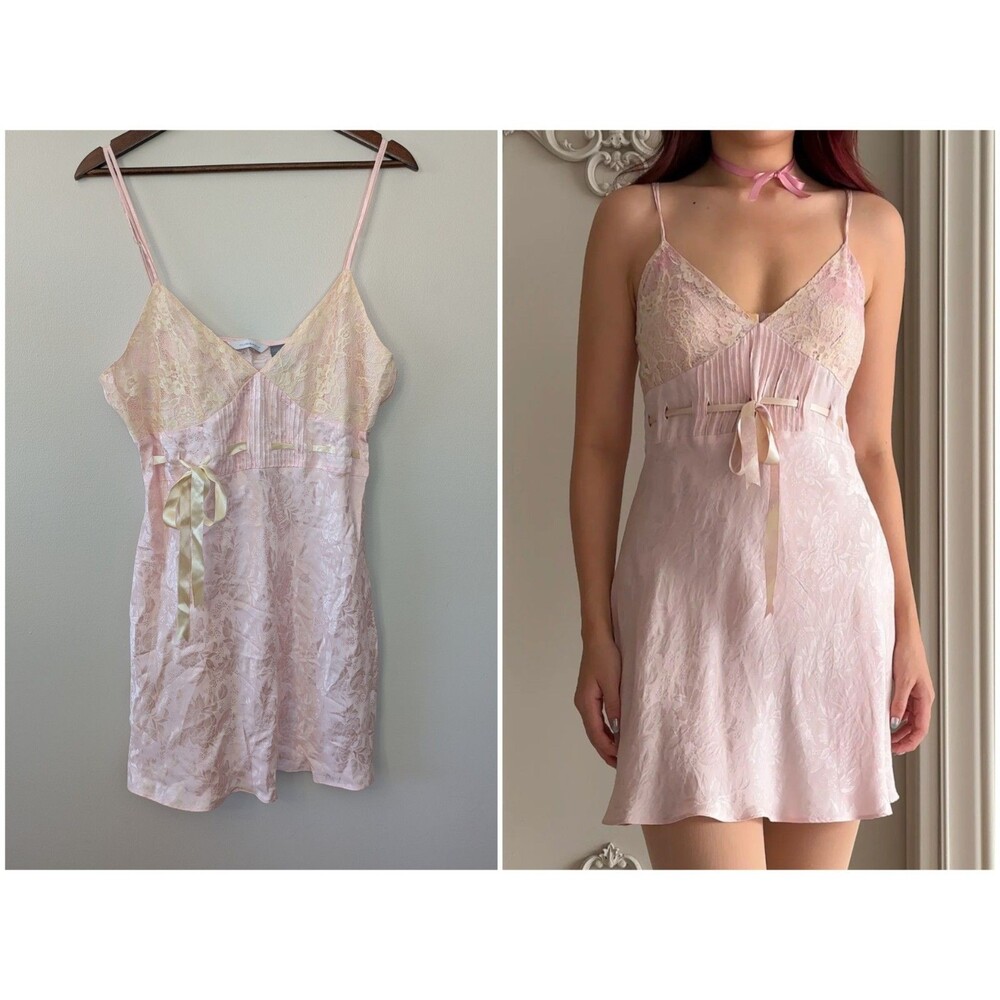 Vtg 90s Y2K Hillard & Hanson Silk Slip Dress L Lace Coquette Pink Butter Yellow